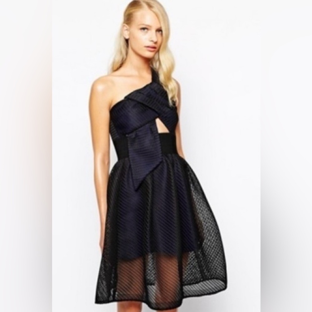STUNNING Self-Portrait One Shoulder Mesh Overlay Navy + Black Dress UK 4 / US 0